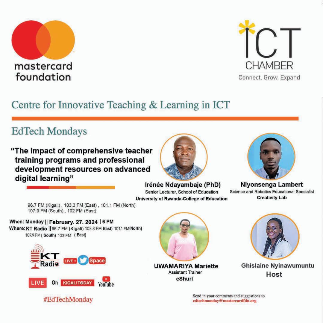 PMudakikwa's tweet image. #RwoX, are you ready for the #EdTechMonday show TODAY? 

🔸Set your alarm for 6PM 
🔸tune in to @ktradiorw 96.7FM and 
🔸be part of the conversation on

 “The impact of comprehensive teacher training programs and professional development resources on advanced digital learning”.