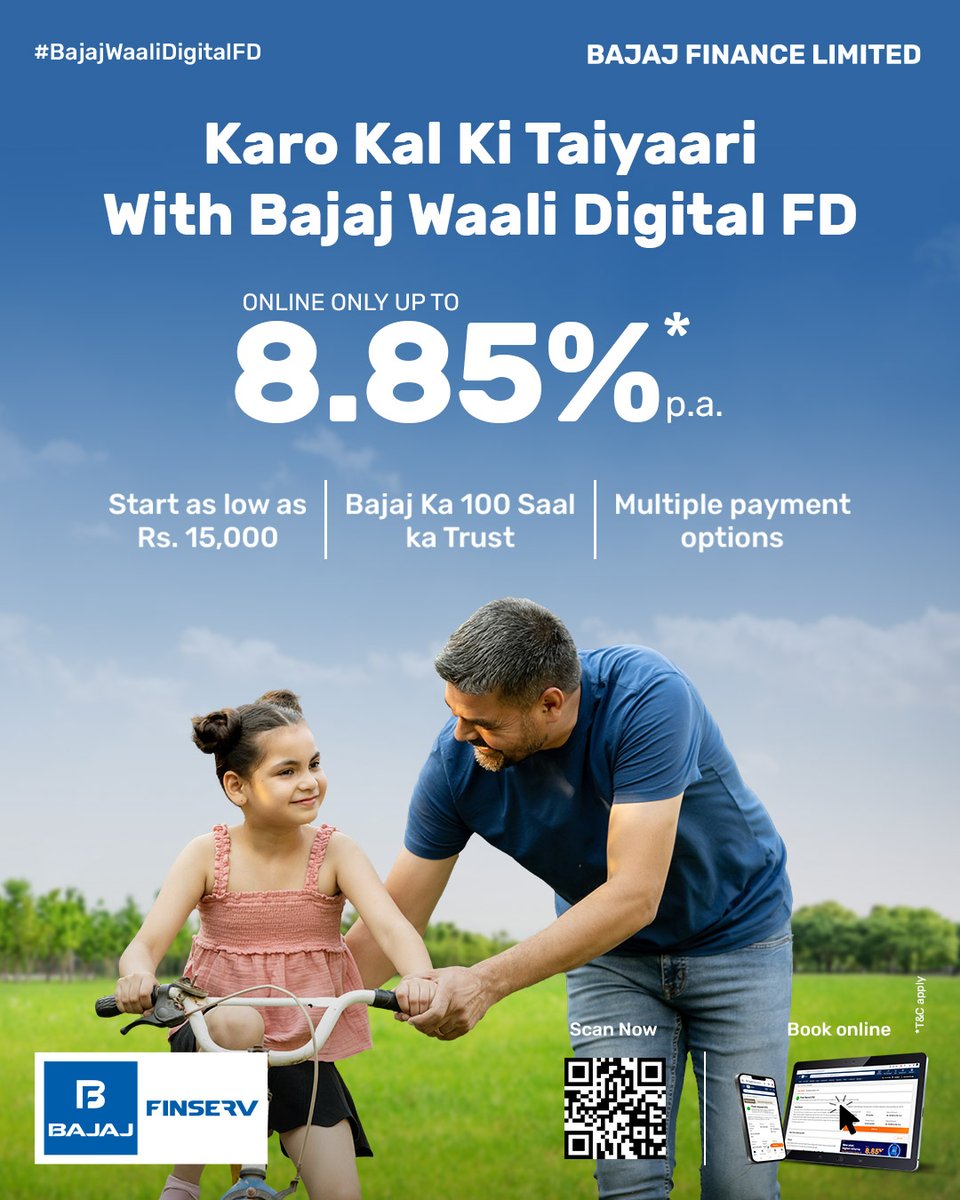 Bajaj Waali Digital FD ke saath, rahiye kal ke liye ready.

Online-only interest rates 8.85% p.a.* tak, 42 months ke tenure pe.

Aaj hi visit karein humare website ya app ko: bit.ly/BajajWaaliDigi…

*Interest rates are applicable as of 26 Feb, 2024.