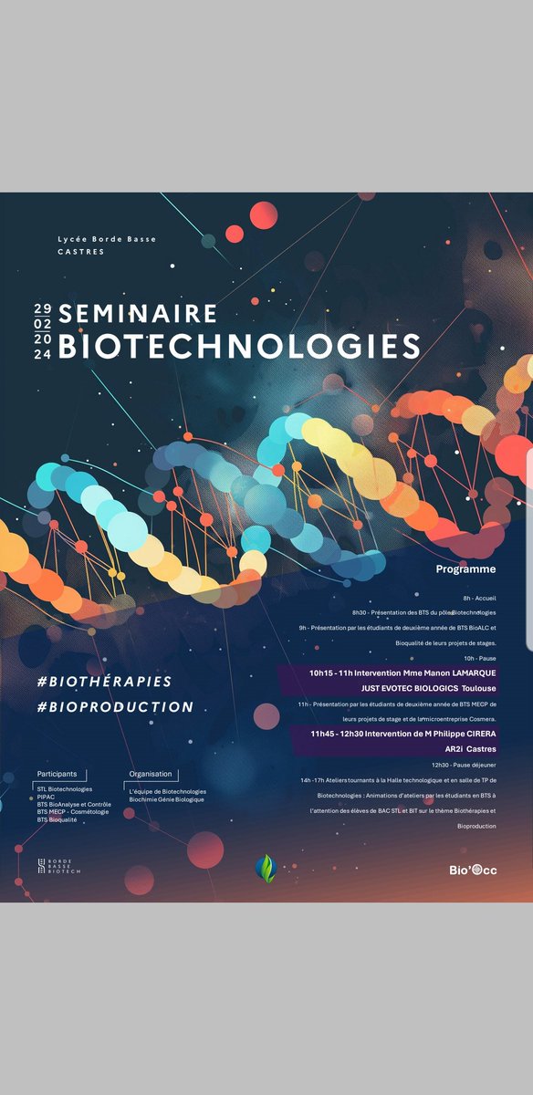 Journée de séminaire Biotech ce jeudi 29 Février au lycée de la Borde Basse de Castres dans le cadre du continuum Bac-3/Bac+3 et du projet Bio'Occ. @actoulouse @BordeBasse @dest_BTK @UpbmAsso #Biotechnologies #BioOcc #Castres