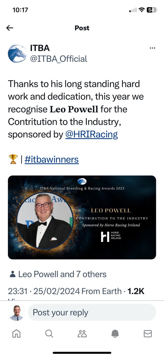 PowellLeo's tweet image. If I did not have the trophy in front of me I would think this was a dream. Overwhelmed to be honoured and didn’t have a hint of it. So many people to thank and will do so when I fall back to earth. Thrilled to have Élie present to share a career highlight moment @TheIrishField