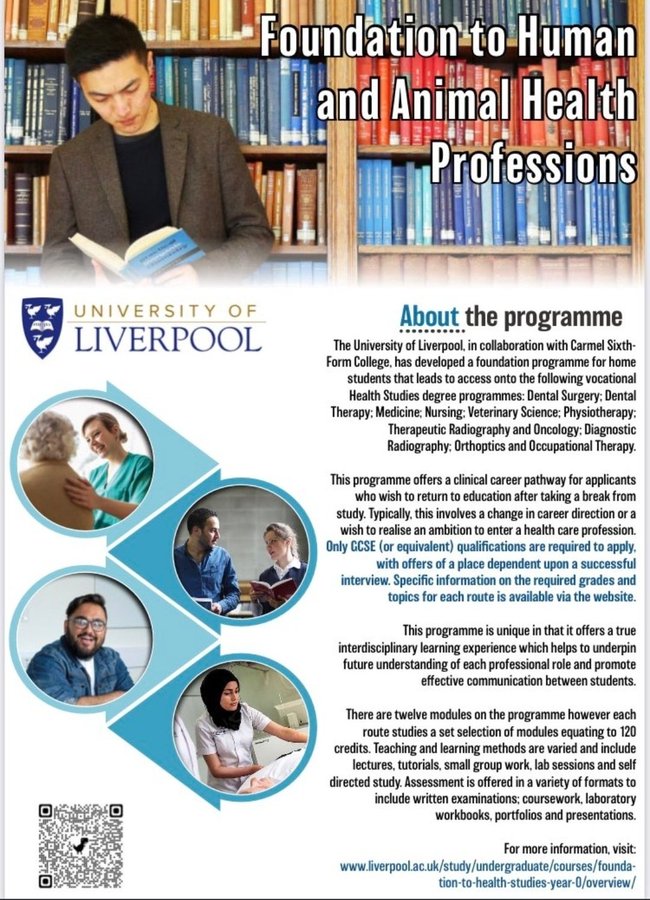 Carmel University Centre (@carmelunicentre) on Twitter photo 🚨WANTING A CAREER CHANGE?
😷Always fancied a health career?
📚Have 5 GCSEs?
🤔Wondering where to start?
THEN 👀➡️liverpool.ac.uk/health-science… 1+ Foundation year to: Medicine, Dentistry, Vet, AHP & Nursing👇 <a href="/UoLFoundHealth/">UoL-Found'Human&AnimalHealthProfessions</a> <a href="/LivUni/">University of Liverpool</a> 🚨WANTING A CAREER CHANGE?
😷Always fancied a health career?
📚Have 5 GCSEs?
🤔Wondering where to start?
THEN 👀➡️liverpool.ac.uk/health-science… 1+ Foundation year to: Medicine, Dentistry, Vet, AHP & Nursing👇 <a href="/UoLFoundHealth/">UoL-Found'Human&AnimalHealthProfessions</a> <a href="/LivUni/">University of Liverpool</a>