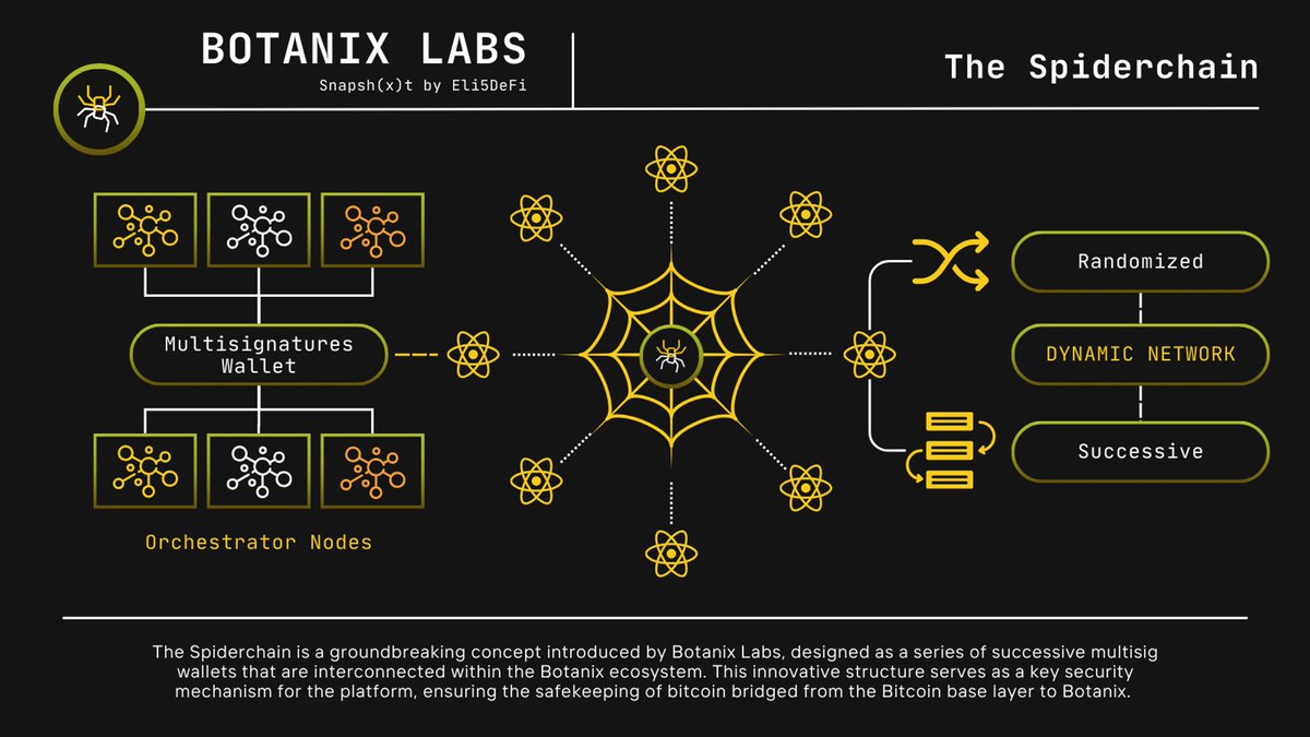 3/ The Spiderchain: The Backbone of @BotanixLabs Decentralized Security →  The Spiderchain, a novel second-layer blockchain primitive, consists of a  network of decentralized multisig wallets (Orchestrators) that secure the  Bitcoin on the
