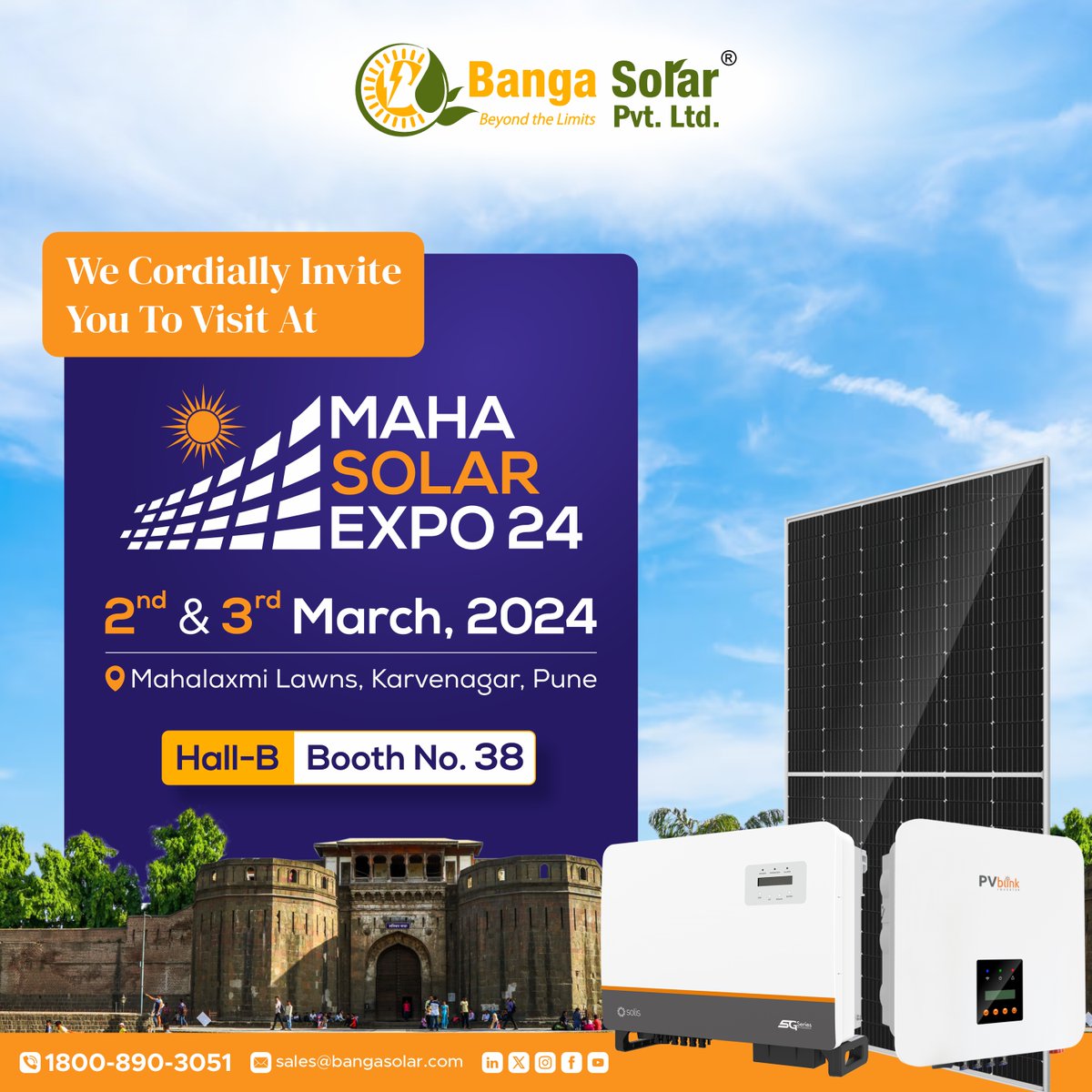 BangaLtd's tweet image. Join us as we light up the #MahaSolarExpo2024 with Banga Solar Pvt. Ltd. in Pune! #PVblink #solis

📆scheduled from 2 &amp;amp; 3 March, 2024
👉Visit us at Hall-B, Booth No. 38
📌Location: Mahalaxmi Lawns, Karvenagar, Pune
📲Contact us : 1800 890 3051
🌐Visit us : bangasolar.com