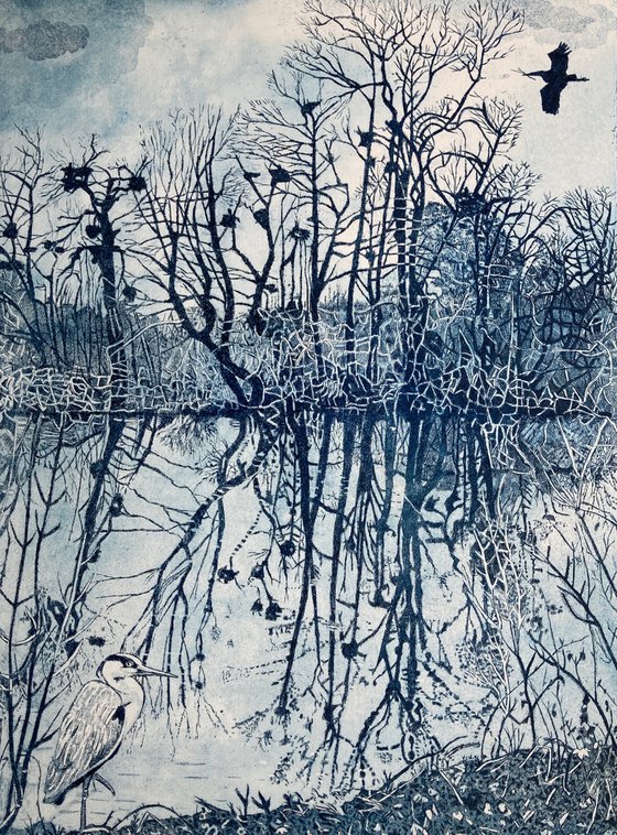 Heronry, 2022, etching by Janis Goodman #WomensArt