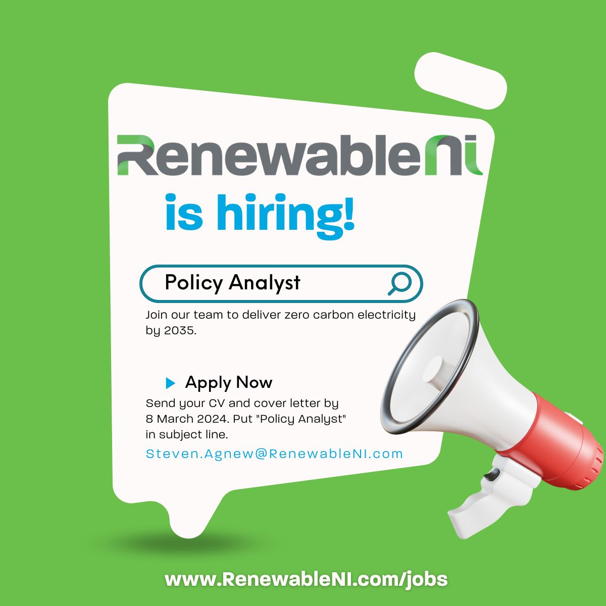 A reminder that RenewableNI currently has a #vacancy  for a full-time #PolicyAnalyst.

Become part of a small team and make a big impact in the #RenewableEnergy sector in Nothern Ireland.

Find out more at renewableni.com/about-renewabl…

#nijobs #JobFairy #recruiting