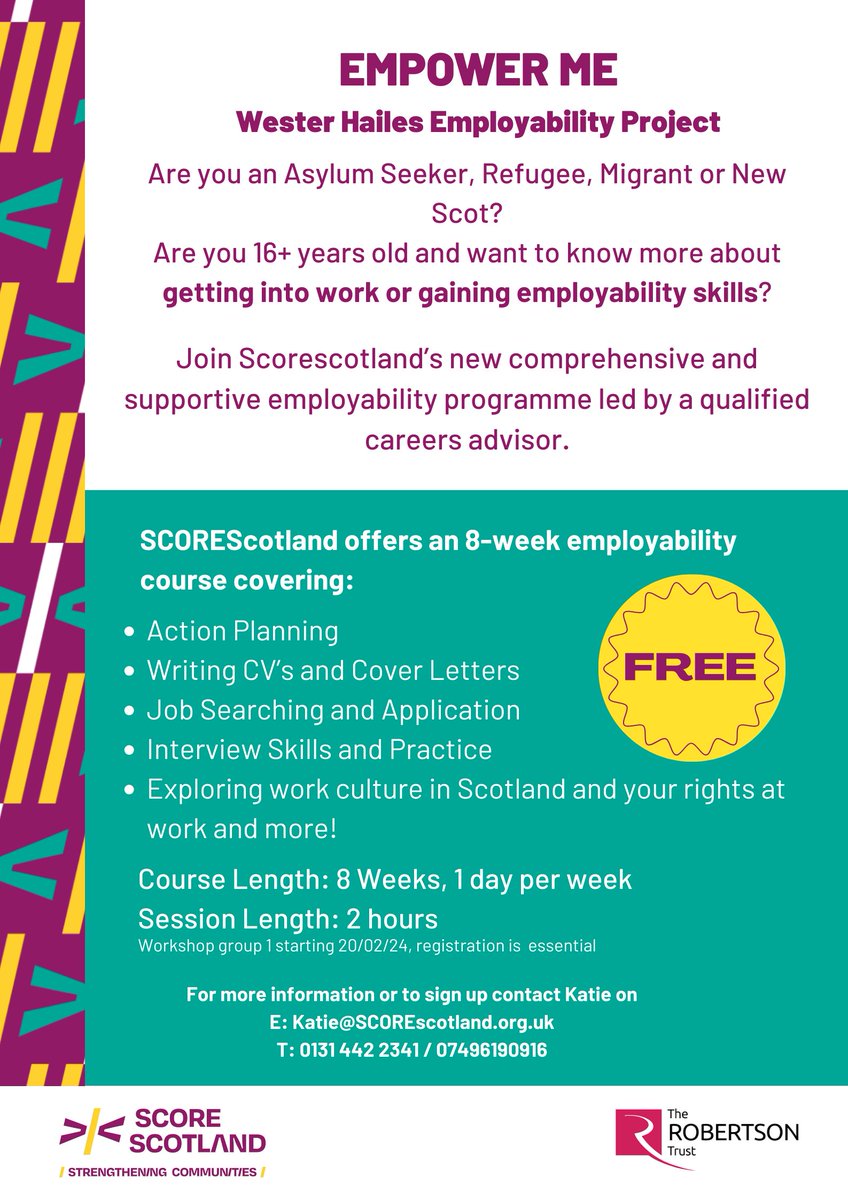 Interested in gaining skills in Employability? Want to know more about Work in the UK? Contact us about our free 8 week program called Empower Me Employability! For more information call 07496190916 or email Katie@scorescotland.org.uk Registration Essential. #Employment #skills