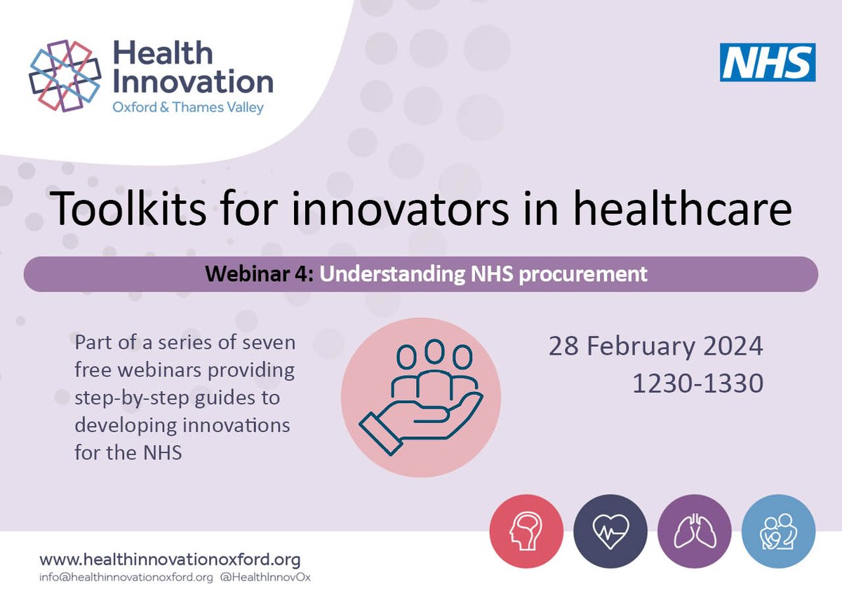 🔍 Unlock the secrets of NHS procurement! 🌐 Join our free webinar: 'Understanding NHS Procurement' delivered with @HealthInnovMcr. Learn how to navigate and understand the NHS's major procurement processes. 📅28 Feb, 1230-1330 Booking required: healthinnovationoxford.org/our-work/strat…