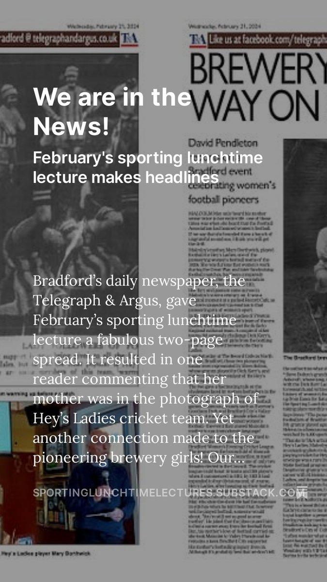 The Sporting Lunchtime Lectures are in the news! Brilliant stuff from @Bradford_TandA @EmmaC_TandA @DagenhamInvince @BreweryHeys @TheRecordCafe open.substack.com/pub/sportinglu…
