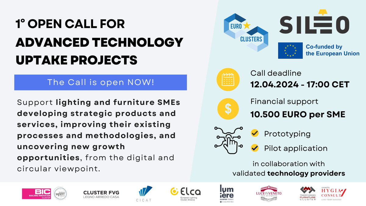 SILEO's Open Call for Advanced Technology Uptake Projects is OPEN!

🎯SMEs in the lighting and furniture sectors
⏳12 April
💶up to €10,500 per project for up to 25 projects

Apply on the #ECCP
clustercollaboration.eu/content/sileo-…