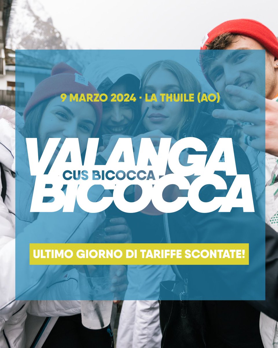 📣 Tutto il Campus ne parla: #ValangaBicocca è l'evento dell'anno!

❗ Ultimi giorni di tariffe scontate❗

👉 Le modalità di iscrizione sono riportate sul sito: servizi.cusbicocca.it

ℹ️ PER ULTERIORI INFO E DETTAGLI: cusbicocca.it/eventi/valanga…