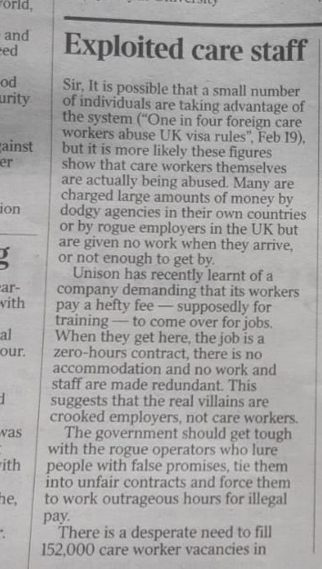 GavinEdwards77's tweet photo. Letter in the Times today from @unisontheunion General Secretary @cmcanea about migrant care workers and the need for a National Care Service #LetsMakeCareWork https://t.co/xxP8MWel9M