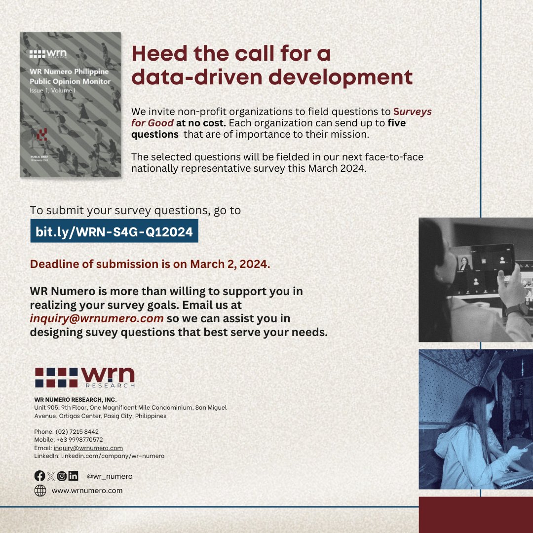 WR_Numero's tweet image. HARNESS THE FULL POTENTIAL OF DATA FOR DEVELOPMENT 🌿

We invite non-profit organizations to field survey questions to Surveys For Good, our newest initiative that aims to assist the development sector with their data needs.

Visit bit.ly/WRN-S4G-Q12024 to submit questions.