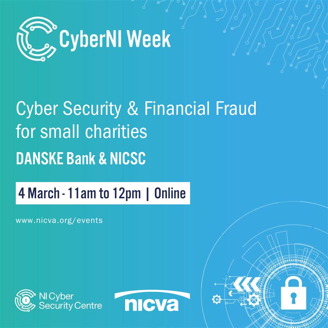 A #CyberSecurity attack can happen to any charity, big or small ⚠️

To help small charities stay one step ahead, we’re holding a free webinar with @NICyberSC & @DanskeBank_UK on how you can keep your charity safe.🔐

Register ➡️ tinyurl.com/ynvhzp3r 

#CyberNIweek