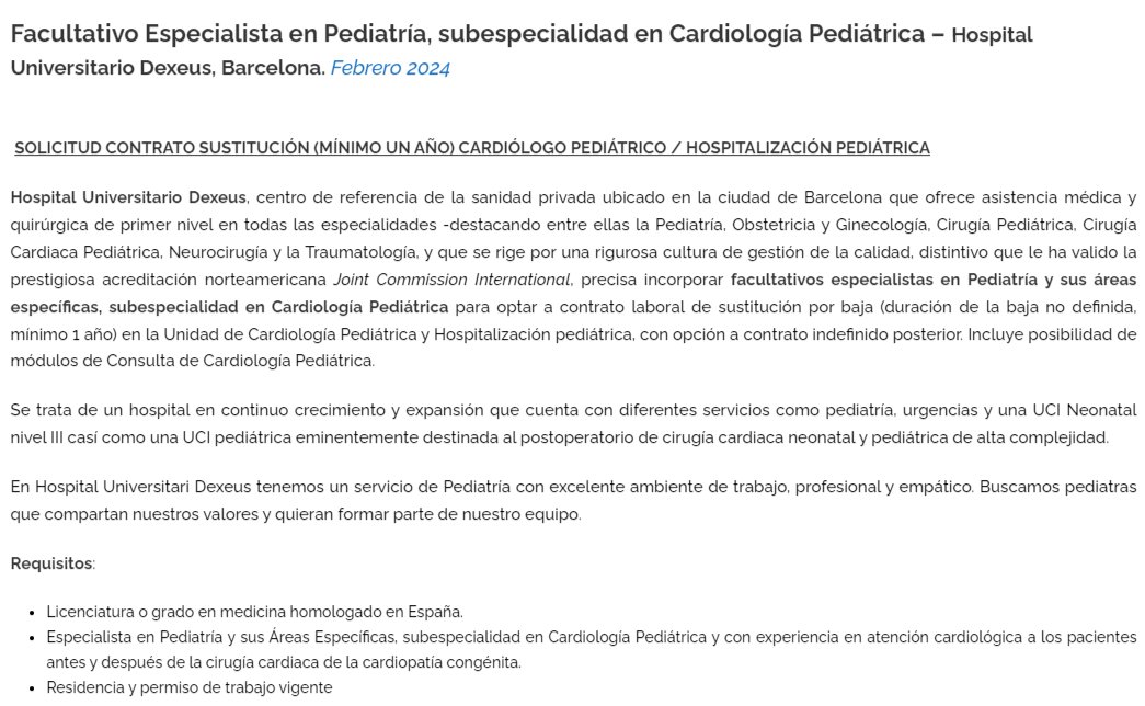 📢 𝐎𝐟𝐞𝐫𝐭𝐚 𝐝𝐞 𝐞𝐦𝐩𝐥𝐞𝐨 para el Hospital Universitario Dexeus, Barcelona.

Más información ➡️ secardioped.org/bolsa-de-traba…