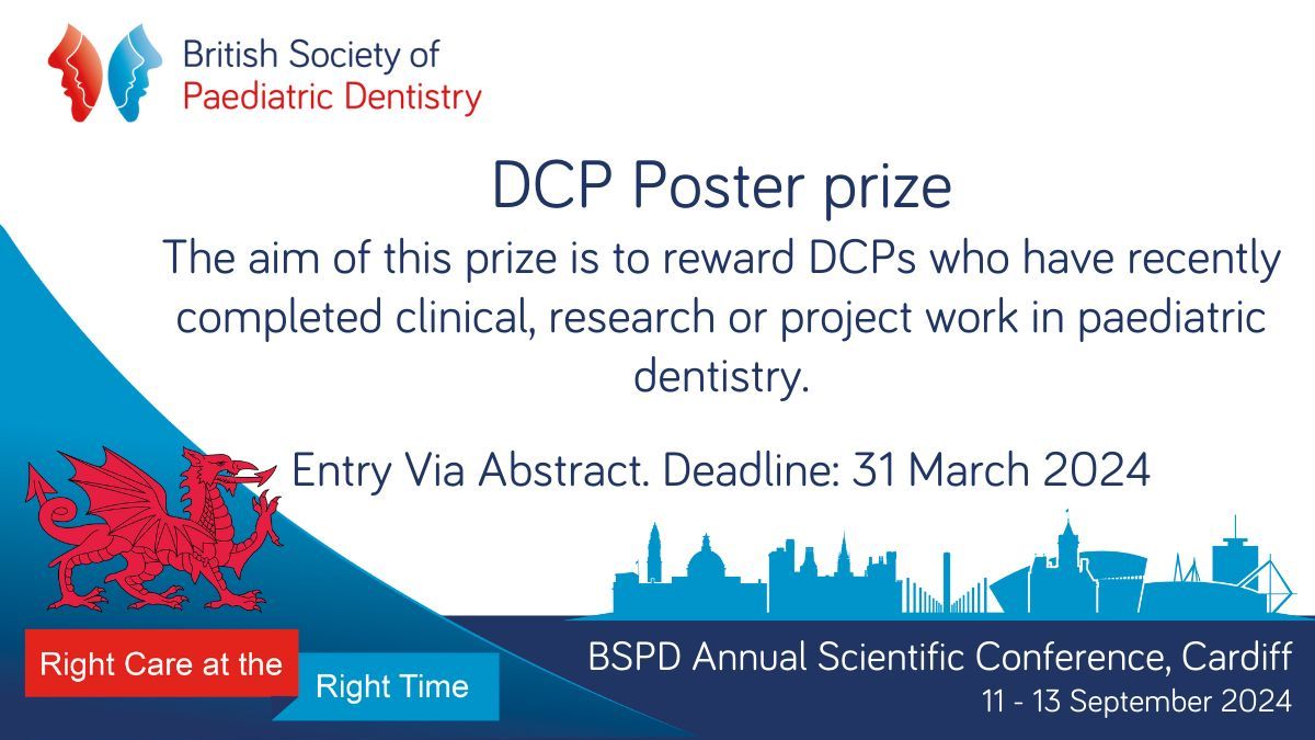 At #BSPD2024 there are a number of prizes awarded to include a #DCP poster prize buff.ly/3wmEjTT Entry is by submitting an abstract: buff.ly/48pqOjg Deadline: 31 March 2024 @bspduk @bspdwales #paediatricdentistry #paediatricdentist #dentistry