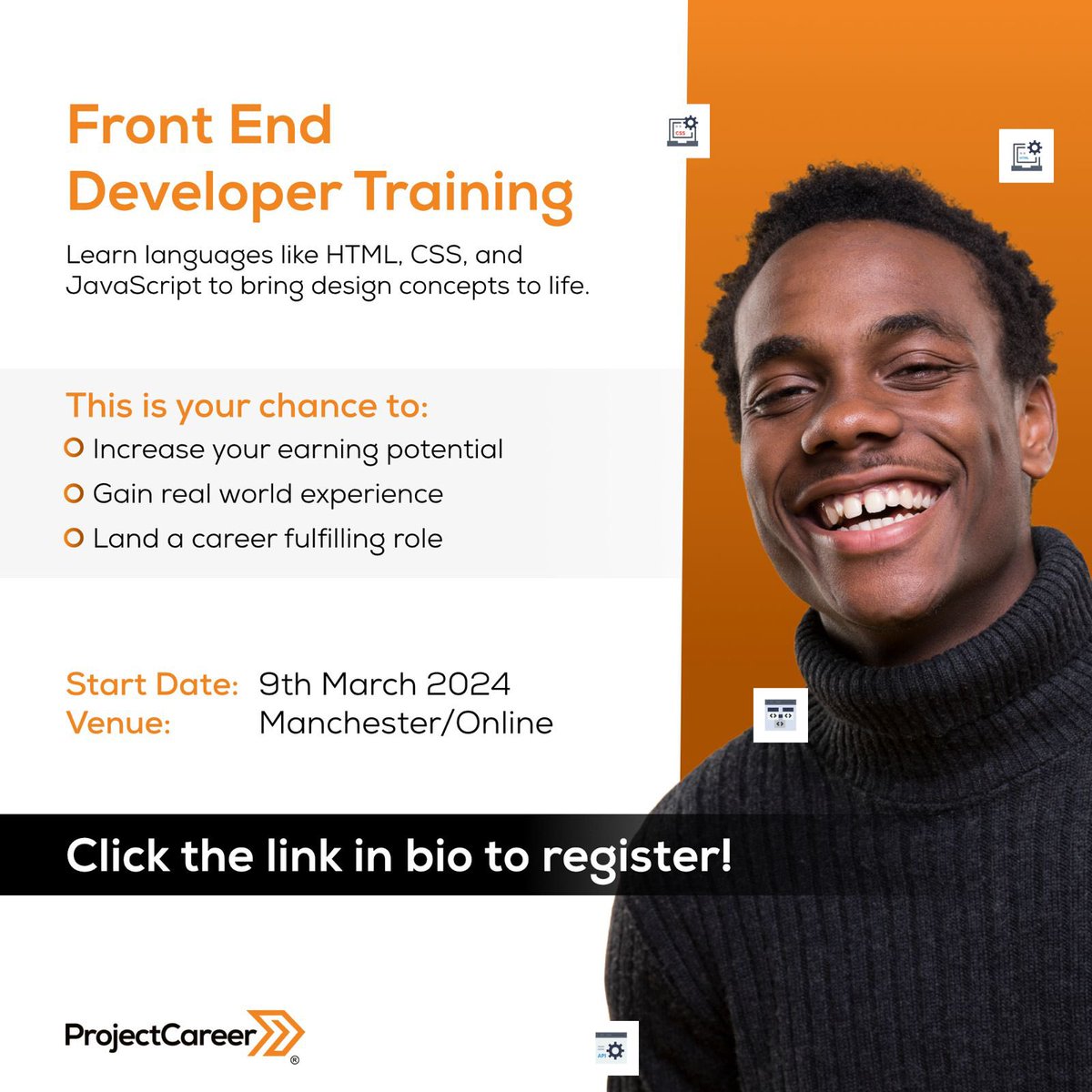 Unlock the world of Front End Developer Training! 
Join us starting March 9th in Manchester or online. Click the link in bio to register now! 💻💡 #FrontEndDevelopment #HTML #CSS #JavaScript #CareerOpportunity #EarningPotential #RealWorldExperience #TechTraining