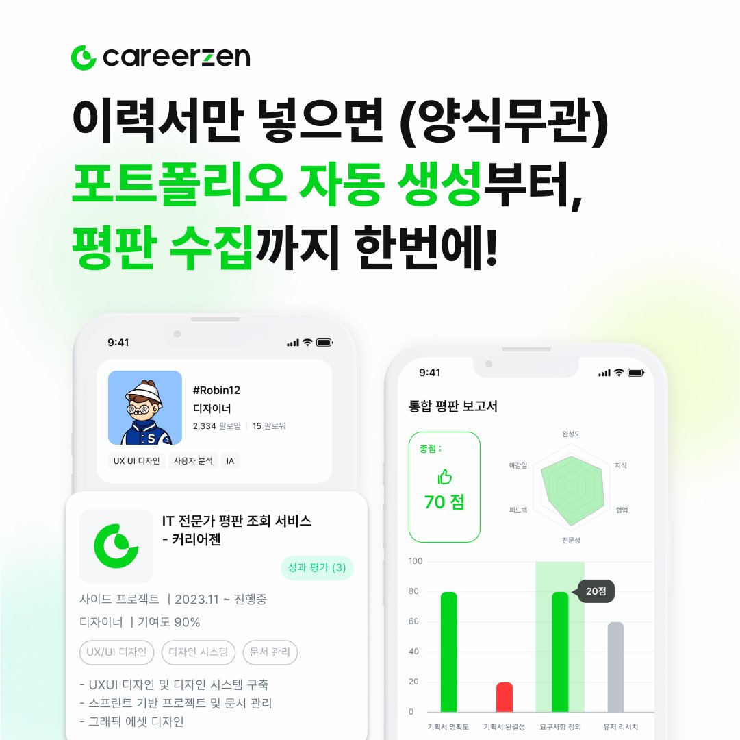 careerzen's tweet photo. 🌟 IT 외주용 경력기술서, 이력서만 넣으면 AI가 자동으로 뚝딱! 🌟

IT 업계에서 경력기술서나 포트폴리오 작성에 어려움을 겪고 계신가요? 그렇다면 "커리어젠"의 AI 포트폴리오 생성 서비스를 사용해보세요.
👉 https://t.co/sdAFXlUjQt

#커리어젠 #AI포트폴리오 #IT전문가 #채용 #디자이너 #개발 https://t.co/FObPormhbD