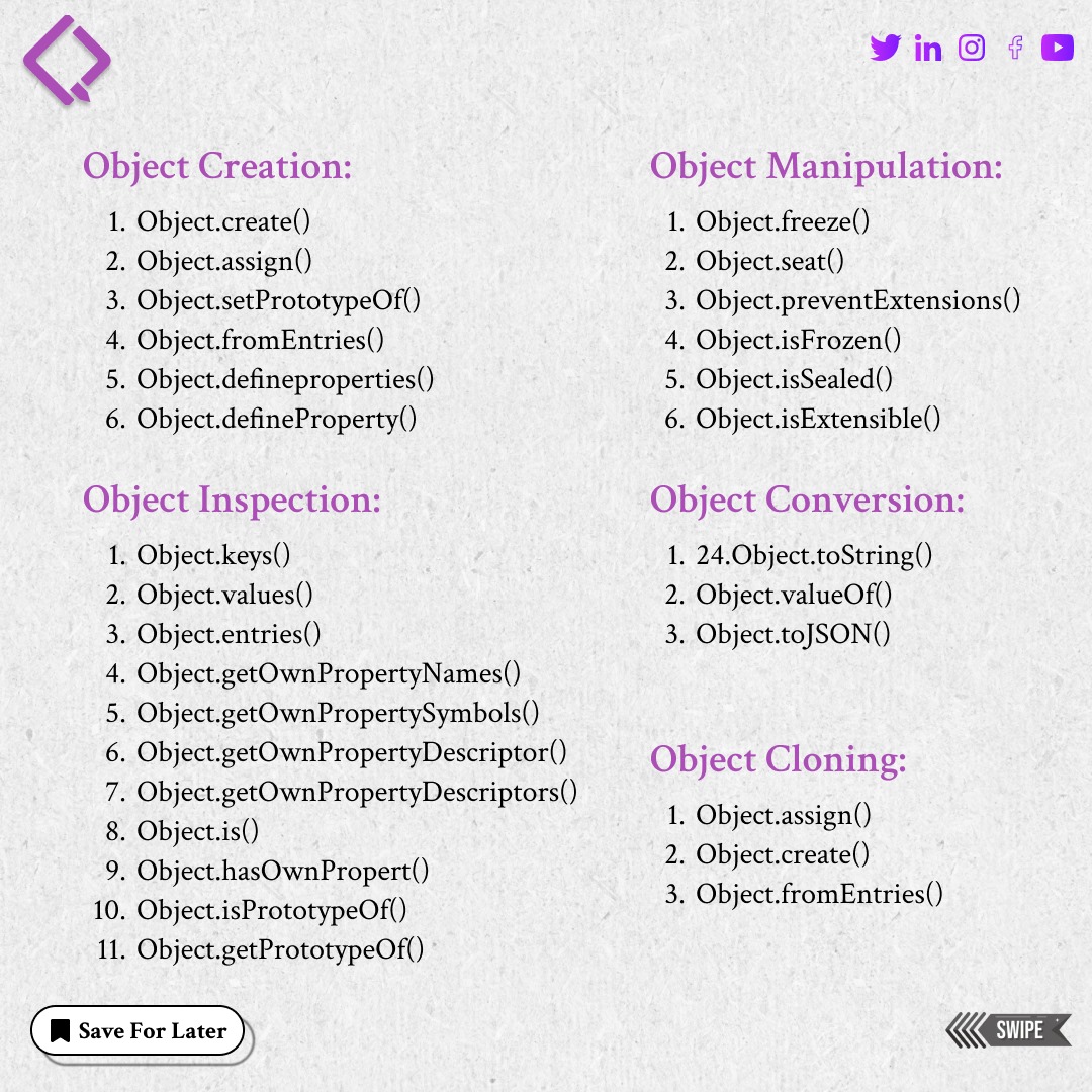 qubycles's tweet image. "Unlock the power of JavaScript objects with this handy cheatsheet! 🚀💻 Master essential functions and supercharge your coding game. #JavaScript #CodingCheatsheet #WebDevelopment
Follow us 👉 @qubycles
Visit Us:- qubycles.com
#qubycles #BeJobReady #javascript #java