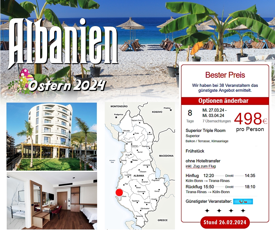 🐰 Lastminute - Osterurlaub 🐣
🇦🇱 1 Woche an Albaniens Küste 🇦🇱
✨ TOP  4 - Sterne - Hotel ✨
♨️ Gesamtpreis für 2 Personen 996€ (Stand 26.02.24) ♨️

➡️ flughafen-lastminute.de/lastminute/?re… 👀

🔊 Werbung #urlaub #reisen #osterurlaub #albanien #vlore #adria