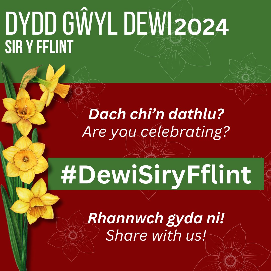 Yn dathlu Gŵyl Ddewi yn Sir y Fflint ? 🏴󠁧󠁢󠁷󠁬󠁳󠁿

Rhannwch y #pethaubychain da chi'n ei wneud drwy 'dagio' <a href="/fflintawrecsam/">Menter Iaith FFaW</a> neu defnyddiwch #DewiSiryFflint 🤩

Celebrating St David's Day this week in Flintshire?🏴󠁧󠁢󠁷󠁬󠁳󠁿

Share with us! Tag us or use #DewiSiryFflint in your posts🤩