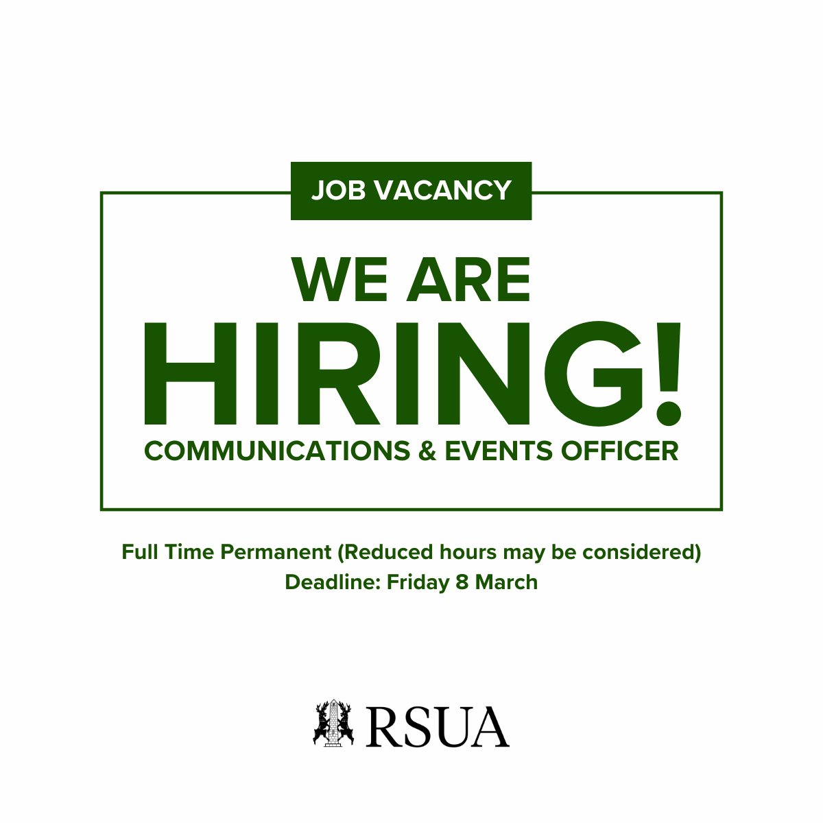 Come join the team! 

Are you a communications and events professional looking for a new opportunity?

Find out more: rsua.org.uk/jobs/rsua-comm…

Deadline: Friday 8 March 2024

#nijobs #jobsni