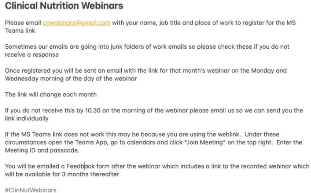 2 days to go!Email cnwebinars@gmail.com by 2100 tmrw to guarantee receiving Teams link in time Clinical Nutrition Webinar 👇 📖 Enteral feeding tubes &troubleshooting 🗓️ Wed 28thFeb ⏰1230-1330 🌍 @NewcastleHosps onTeams 👥 Newcastle nutrition Team @Emily1Clarke @Charl0tteRutter