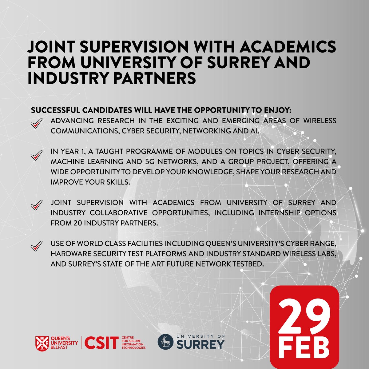 🌟 Last Chance: Apply by Feb 29 for Future Open SecuRe NeTworks (FORT) PhDs! Apply Now:qub.ac.uk/ecit/CSIT/PhDO…🚀 Explore cutting-edge tech in #cybersecurity, #AI & more. Benefits: Full tuition waiver, £21500 stipend, industry placement. #PhDScholarships #TechInnovation