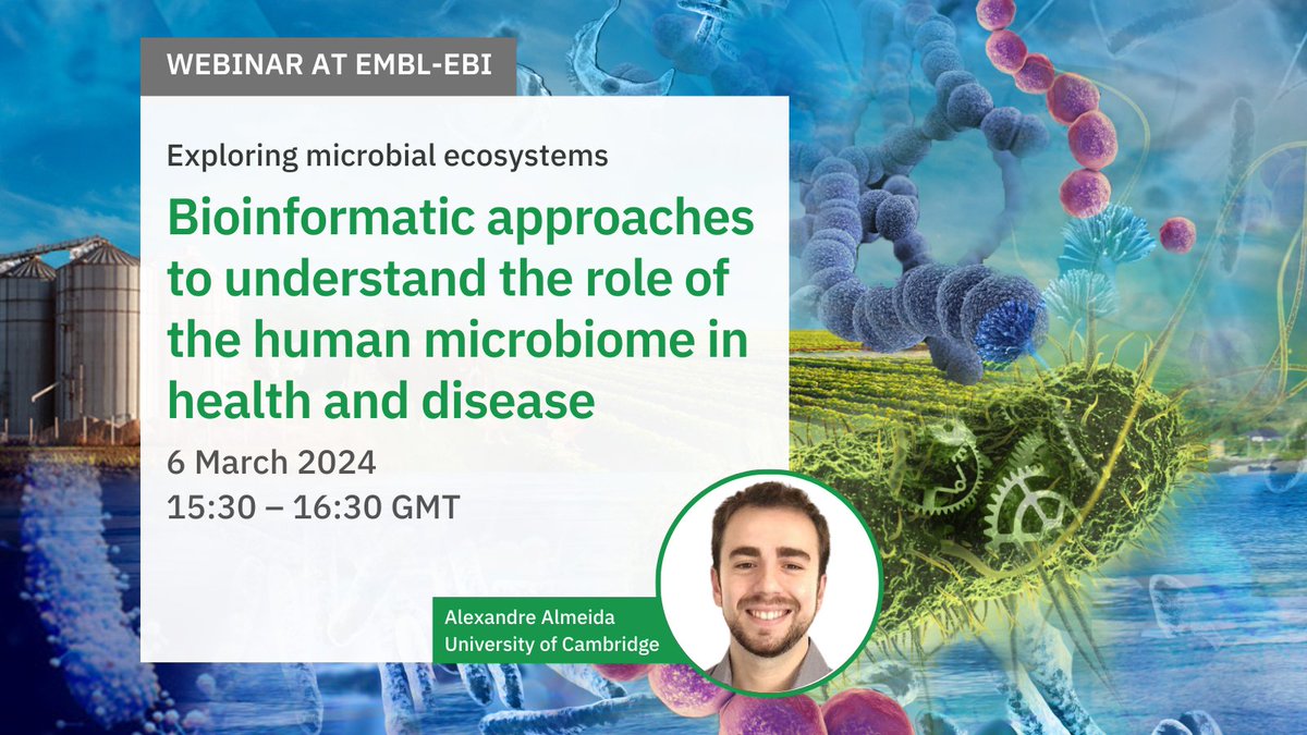 EMBL-EBI Training (@ebitraining) on Twitter photo Interested in learning about methods to study microbiomes in relation to human health and diseases? Learn it from <a href="/alexmsalmeida/">Alexandre Almeida</a> in our next week’s #webinar. Registration is free but essential ebi.ac.uk/training/event… #datascience #bioinformatics #microbiology #metagenomics Interested in learning about methods to study microbiomes in relation to human health and diseases? Learn it from <a href="/alexmsalmeida/">Alexandre Almeida</a> in our next week’s #webinar. Registration is free but essential ebi.ac.uk/training/event… #datascience #bioinformatics #microbiology #metagenomics