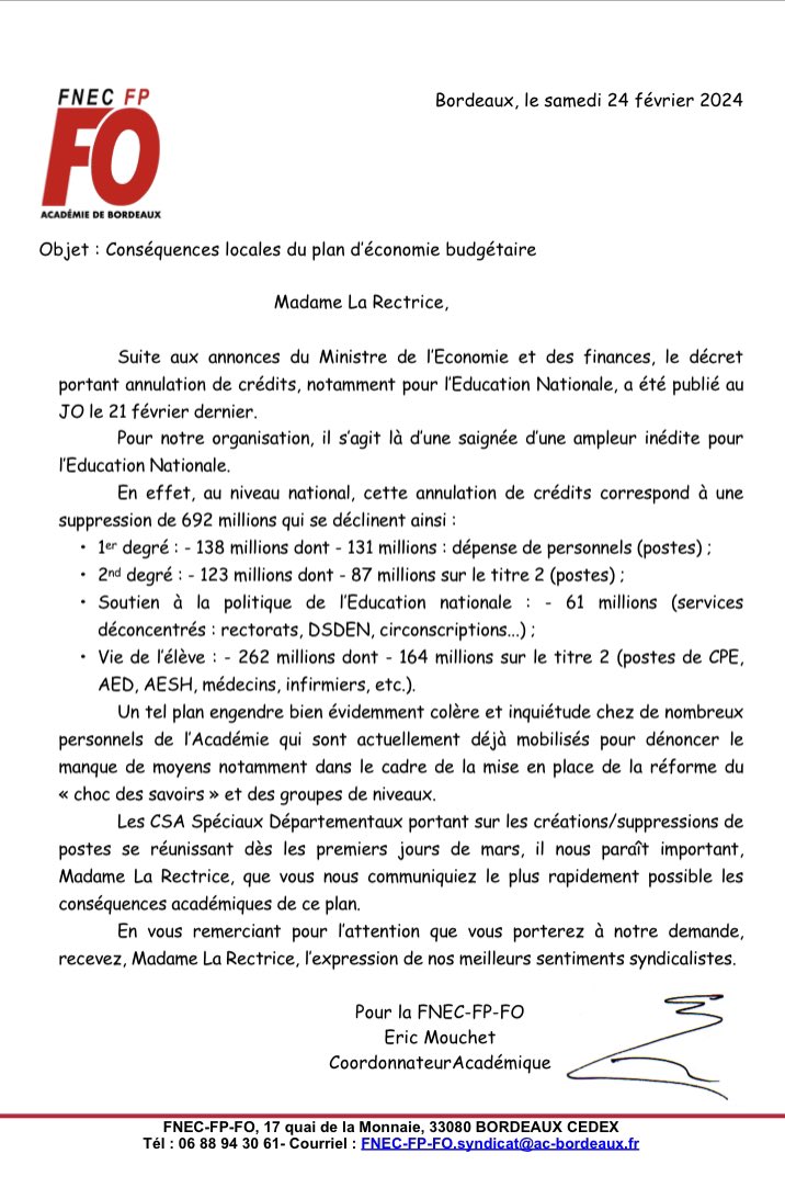 SNFOLCBordeaux's tweet photo. Plan d’#economies :
Lettre de la @FnecFpFO de l’académie de #Bordeaux adressée à la rectrice, @ABisagni, pour lui demander de communiquer sur ses conséquences.

#chocdessavoirs #EducationNationale #ecoles #colleges #lycees https://t.co/tB9Joa1WUE
