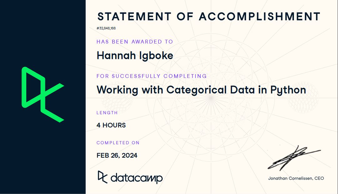 IgbokeHannah's tweet image. 1% daily
This has been one of the most interesting courses so far.
I practiced using the .cat.method_name to set, add, remove, and update categorical variables. I also created a code book for label-encoded variables, and used pd.get_dummies() for one-hot encoding.
#Pythonista