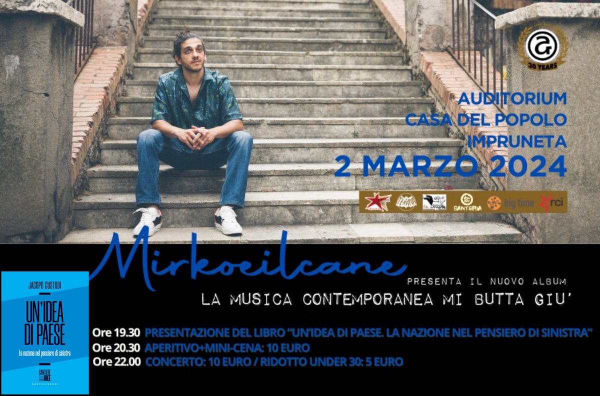 Sabato sera alla Casa del Popolo dell'Impruneta (maps.app.goo.gl/7ydiBVBZ7gJrH8…) facciamo un esperimento: presentazione di Un'idea di Paese + concerto di <a href="/Mirkoeilcane/">Mirkoeilcane</a> (e apericena). 
Modera e discute l'imbattibile <a href="/Franz_Ventura/">Franz Ventura</a>. 
Vi aspettiamo!