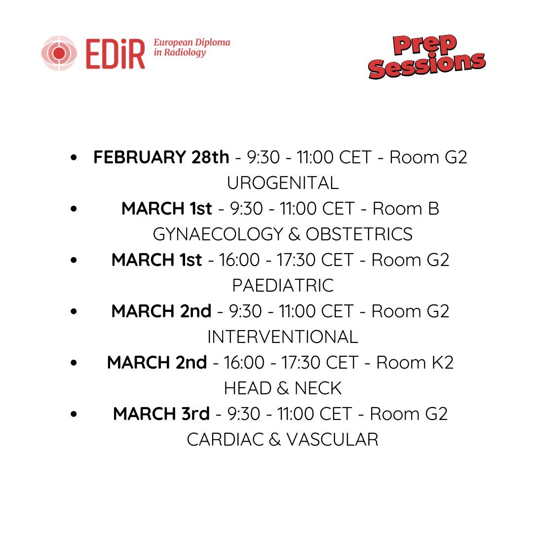 🌟Don't miss out on @EBRadiology's European Diploma in Radiology prep sessions at #ECR2024! 🎓 From Feb. 28 - Mar. 3, dive into two daily sessions and earn valuable CME credits! 💼✨ Secure your spot now and level up your radiology skills! buff.ly/3SFtS58