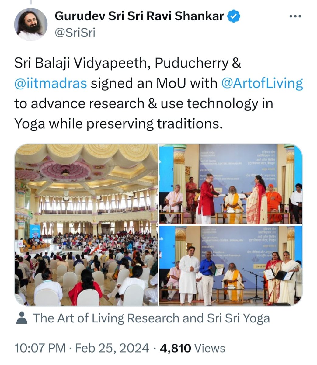 Exciting collaboration alert! Sri Balaji Vidyapeeth, Puducherry &amp; <a href="/iitmadras/">IIT Madras</a> have partnered with Sri Sri Institute for Advanced Research in the presence of Gurudev <a href="/srisri/">Gurudev</a> ji to revolutionize Yoga research &amp; technology while honoring its rich traditions.