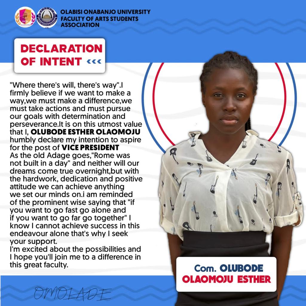 tinny_lade's tweet photo. *OFFICIAL DECLARATION TO RUN FOR THE OFFICE OF THE VICE PRESIDENT OF THE FACULTY OF ART STUDENT'S ASSOCIATION* 
Alutarian greetings to my fellow FASAITE 💪

Please help retweet for all faculty of art students on X to see https://t.co/99LhAqANfT