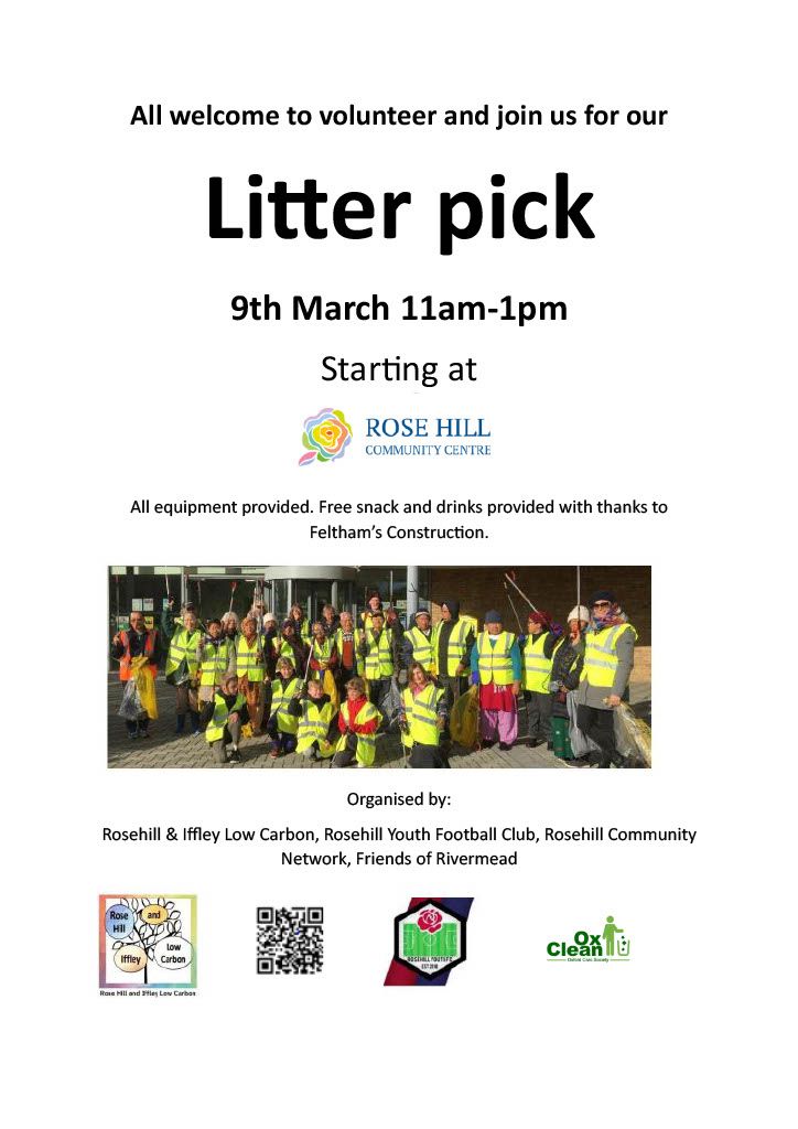 Please join on 9 March, 11AM-1PM for the Spring Clean Litter pick in Rose Hill and Rivermead Nature Park. Pick up kit at the Community Centre. 
Snack &amp; drinks for volunteers after.