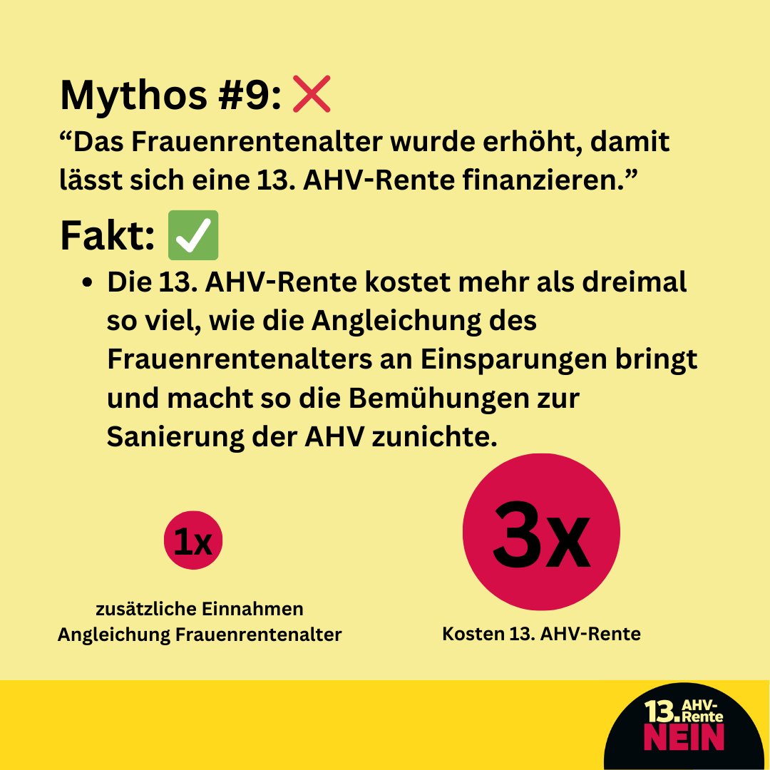 Die Angleichung des Frauenrentenalters hat dazu beigetragen, dass die Renten noch bis 2030 finanziert sind. Soll das jetzt zunichte gemacht werden?
Nein zur 13. AHV-Rente!