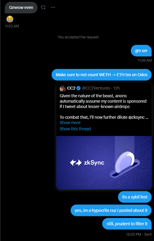 MVC_Intern's tweet photo. 来看看人可以有多坏
最近争议较大的空投博主 @CC2Ventures 在昨天发了一篇 ZkSync 的撸毛教程，里面提到可以用 Odos 进行 Wrap/Unwrap ETH 的操作来低成本的刷交易量。在发完教程后，他反手找了 ZkSync 的 @0xsebastiena 举报，让团队不要将 Odos 上的 WETH-ETH 操作计入交易量。 https://t.co/J9WGZCYsx9