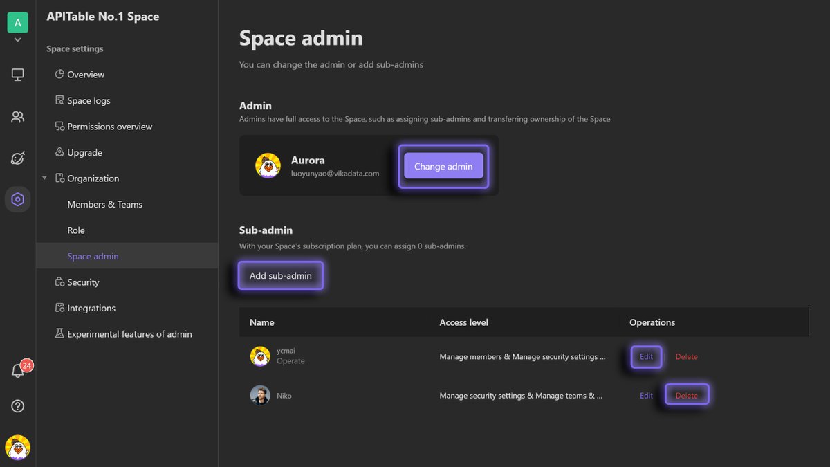 aitable_ai's tweet image. 🚀 Discover main &amp;amp; sub-admins in AITable.ai&apos;s Space! Click &quot;Space admin&quot; under &quot;Organization&quot; in settings to view. Main admin can modify roles, add/delete sub-admins, &amp;amp; configure permissions for each. #AITable #AdminRoles 🛠️