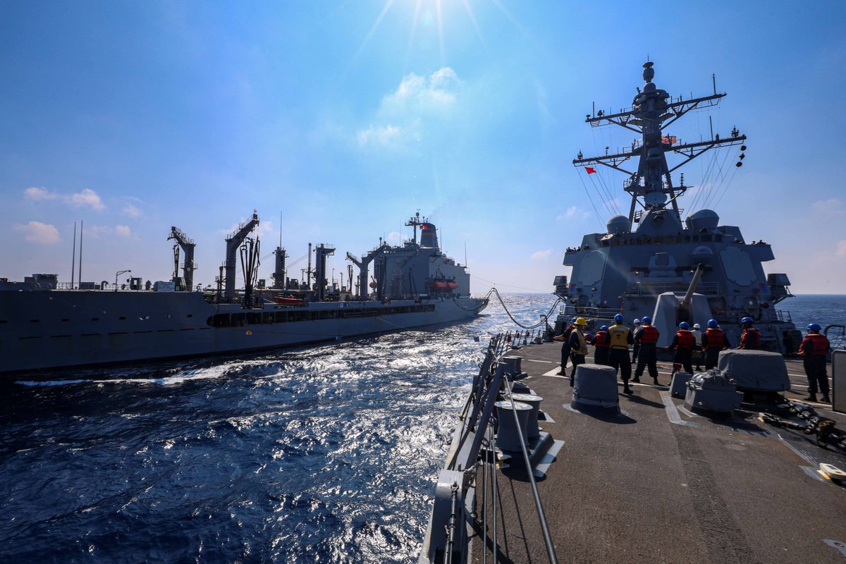 The Arleigh Burke-class guided-missile destroyer USS John Finn (DDG 113) conducts a replenishment-at-sea with the Henry J. Kaiser-class fleet replenishment oiler USNS John Ericsson (T-AO 194).

#USNavy | #MSCDelivers