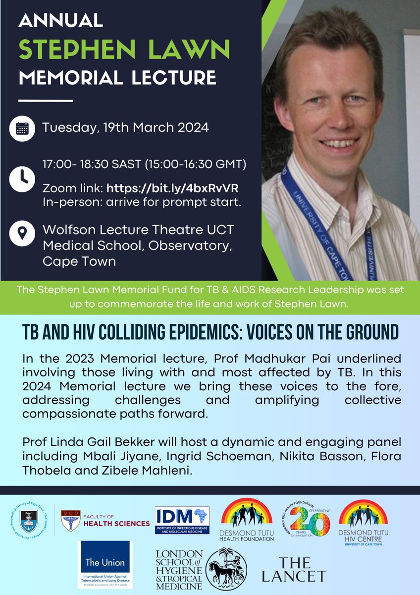 LSHTM TB Centre (@lshtm_tb) on Twitter photo The Annual Stephen Lawn Memorial 2024 takes on an exciting new format! <a href="/LSHTM_TB/">LSHTM TB Centre</a>
π
Tuesday 19 March 2024
β°15:00 - 16:30 GMT
'TB and HIV Colliding Epidemics: Voices on the Ground'
tinyurl.com/yeyr6tf3
<a href="/joylawn/">Prof Joy Lawn</a> <a href="/LindaGailBekker/">Linda-Gail Bekker</a> <a href="/TheUnion_TBLH/">The Union</a> <a href="/TheLancet/">The Lancet</a> The Annual Stephen Lawn Memorial 2024 takes on an exciting new format! <a href="/LSHTM_TB/">LSHTM TB Centre</a>
π
Tuesday 19 March 2024
β°15:00 - 16:30 GMT
'TB and HIV Colliding Epidemics: Voices on the Ground'
tinyurl.com/yeyr6tf3
<a href="/joylawn/">Prof Joy Lawn</a> <a href="/LindaGailBekker/">Linda-Gail Bekker</a> <a href="/TheUnion_TBLH/">The Union</a> <a href="/TheLancet/">The Lancet</a>