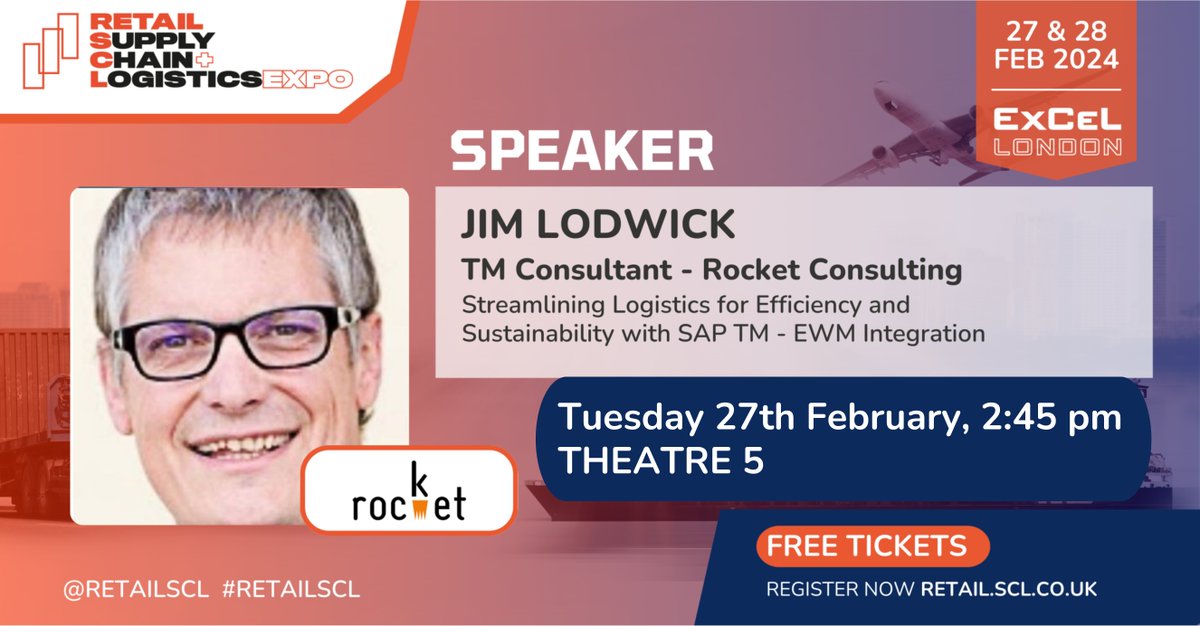 Join our Jim Lodwick for his session at the @RetailSCL 2024 🚚 Explore EWM for efficiency and TM for transport optimisation - transform your supply chain!💡 Secure your FREE TICKET 🎟️ and BOOK A MEETING with our #SAP experts! Click here 👉 hubs.ly/Q02lW9Rq0 #RetailSCL #dsc