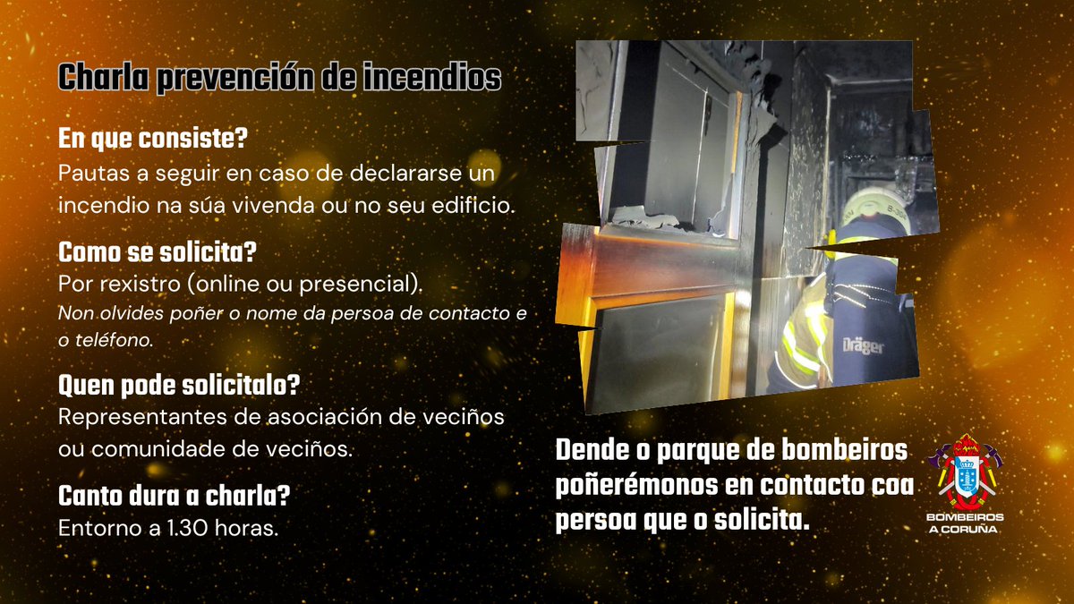 bombeiroscoruna's tweet photo. #Coruña | CHARLAS PREVENCIÓN DE INCENDIOS para asociacións e comunidades de veciños.

▶️Aquí vos deixamos o procedemento para solicitar as charlas de prevención de incendios en edificios e vivendas.

▶️Que facer en caso de incedio? Contámoscho nós 🚒🚒 https://t.co/w9pUbjHrIb