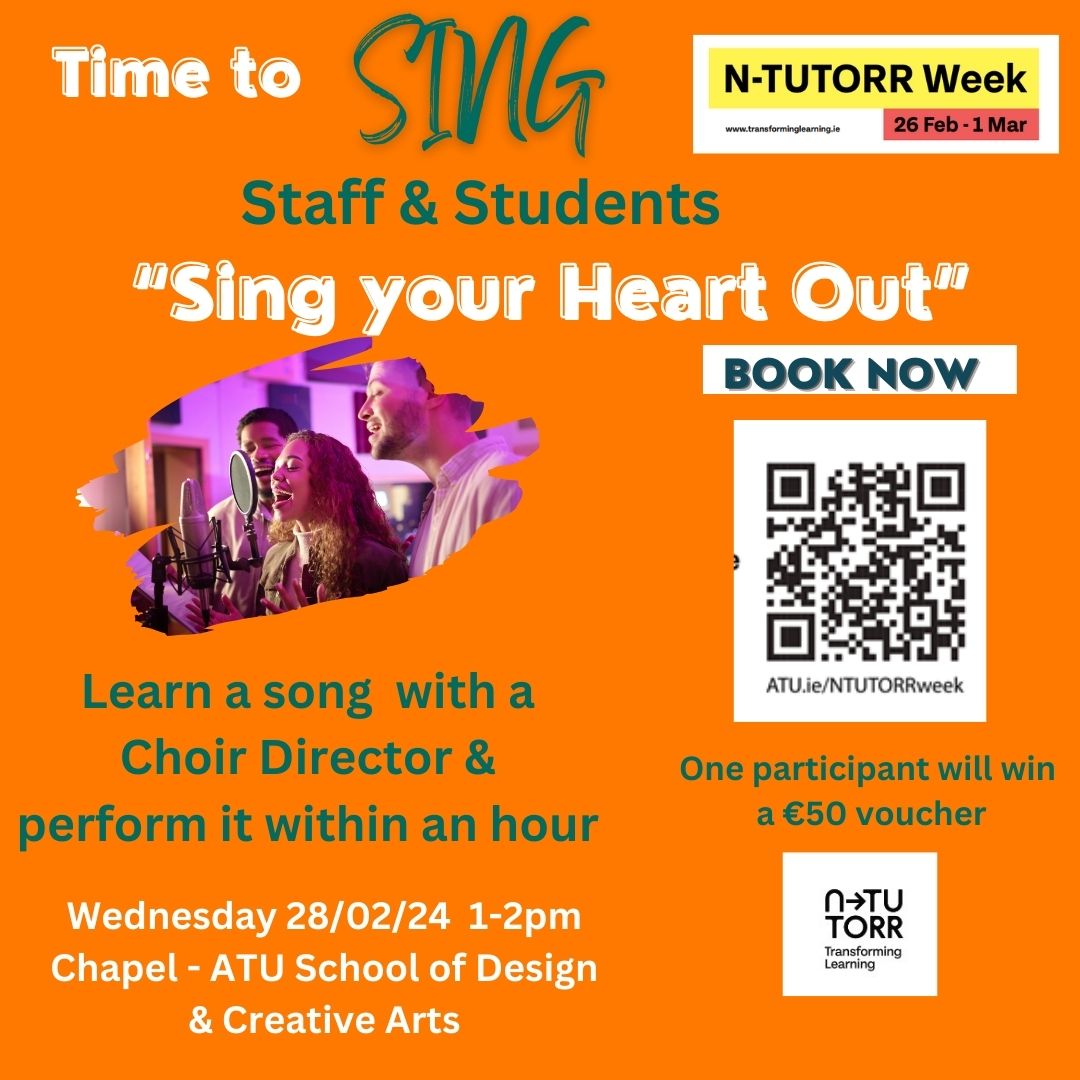 ATUHealthyGM's tweet image. Lots of activities happening for those that like to sing as part of #NTUTORRWEEK. Today in @ATU_Connemara, Wed in @ATU_GALWAY_SDCA &amp;amp; Thurs in @ATU_GalwayCity from 1-2pm Students &amp;amp; Staff can learn a song from a Choir Director &amp;amp; perform it within an hour. @ntutorr @jessicacduffy