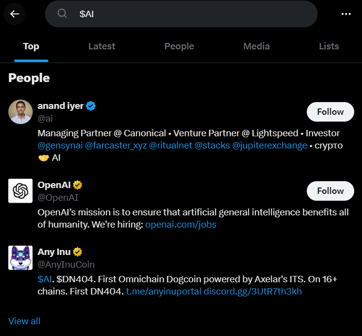Search $AI and we are the 3rd result behind <a href="/ai/">anand iyer</a> and <a href="/OpenAI/">OpenAI</a>.

This is one small step for man, one giant leap for a small multichain dog!

Woof!