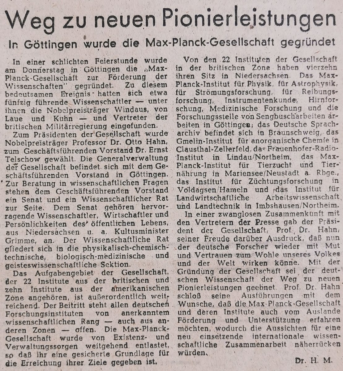 maxplanckpress's tweet image. Happy birthday, Max Planck Society! 🎉🎂🎈Heute vor 76 Jahren, am 26. Februar 1948, wurde die Max-Planck-Gesellschaft in Göttingen gegründet. (Hannoversche Presse, 26. 2. 1948) #otd #OnThisDay