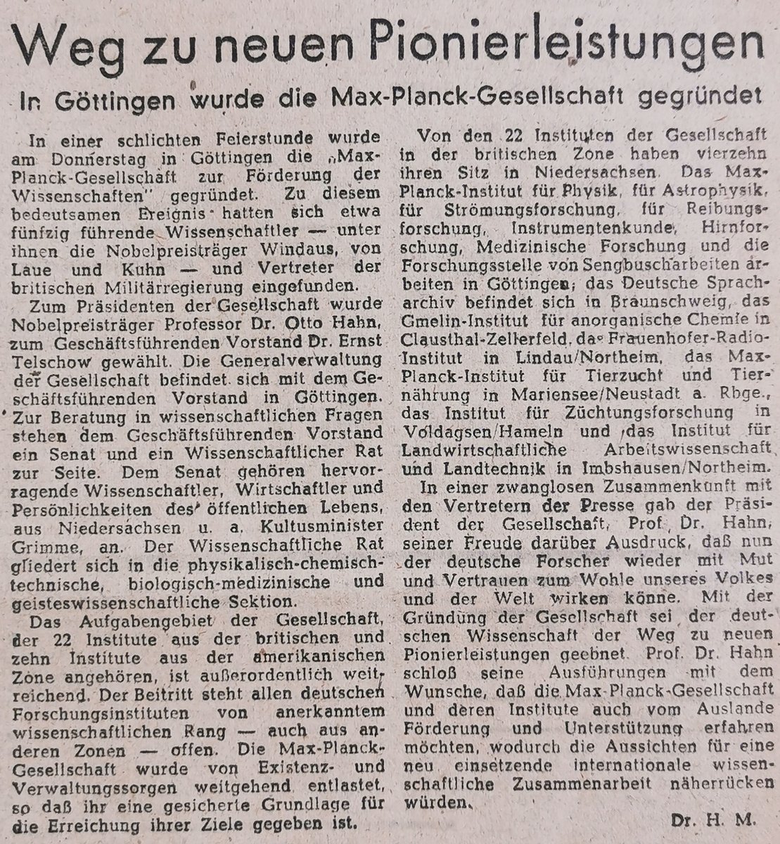 Happy birthday, Max Planck Society! 🎉🎂🎈Heute vor 76 Jahren, am 26. Februar 1948, wurde die Max-Planck-Gesellschaft in Göttingen gegründet. (Hannoversche Presse, 26. 2. 1948) #otd #OnThisDay