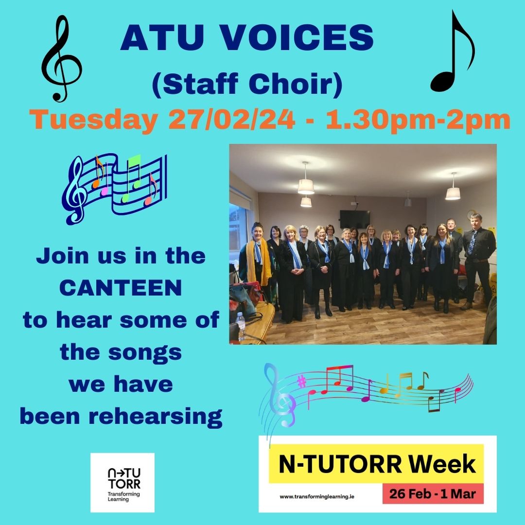 If you are in @ATU_GalwayCity campus today, come along to the canteen between 1.30-2pm to hear @ATUvoices, the staff choir sing their latest repertoire of songs in a mini concert for staff & students. New members always welcome. @ntutorr @jessicacduffy @OFlynnATU @mahony_anita