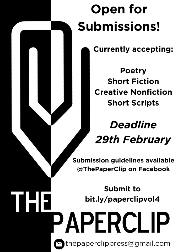 ThePaperclipUU's tweet photo. The Paperclip closes for submissions this Thursday!

If you've been busy polishing your writing until it shines, now's the time to get it submitted!  

Please direct all submissions to: https://t.co/yBh2wVgoPy https://t.co/FwPy2NTFbR
