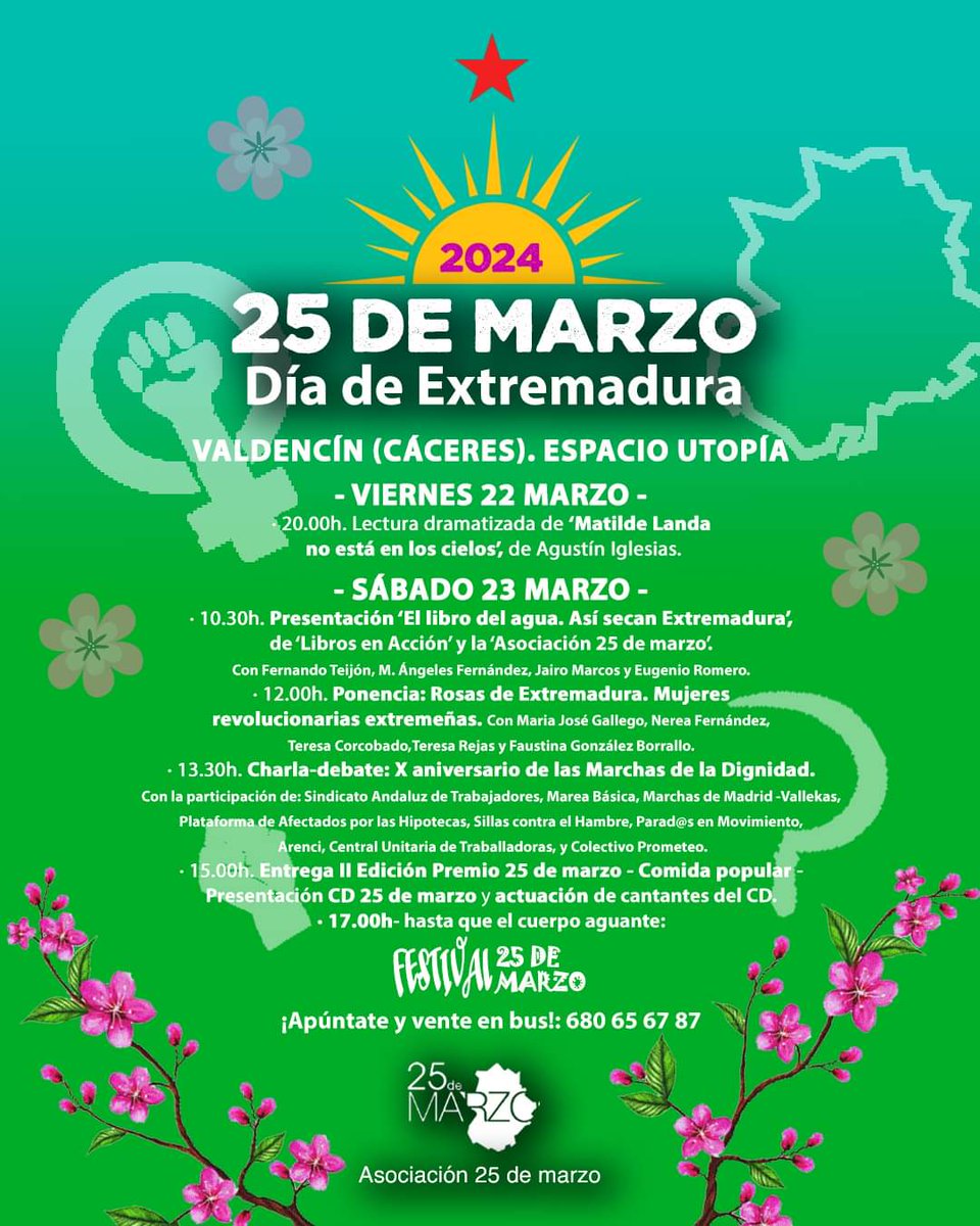 💥⭐🌸 𝟮𝟱 𝗗𝗘 𝗠𝗔𝗥𝗭𝗢 💚🤍🖤

📣 Celebra este año con nosotros/as el Día de Extremadura en Valdencín.

📍 Sala Utopía, Valdencín (Cáceres).
📆 22 y 23 de marzo.
🚌 ¡𝗩𝗲𝗻𝘁𝗲 𝗲𝗻 𝗮𝘂𝘁𝗼𝗯𝘂́𝘀❗ Apúntate contactando en el 680 65 67 87.