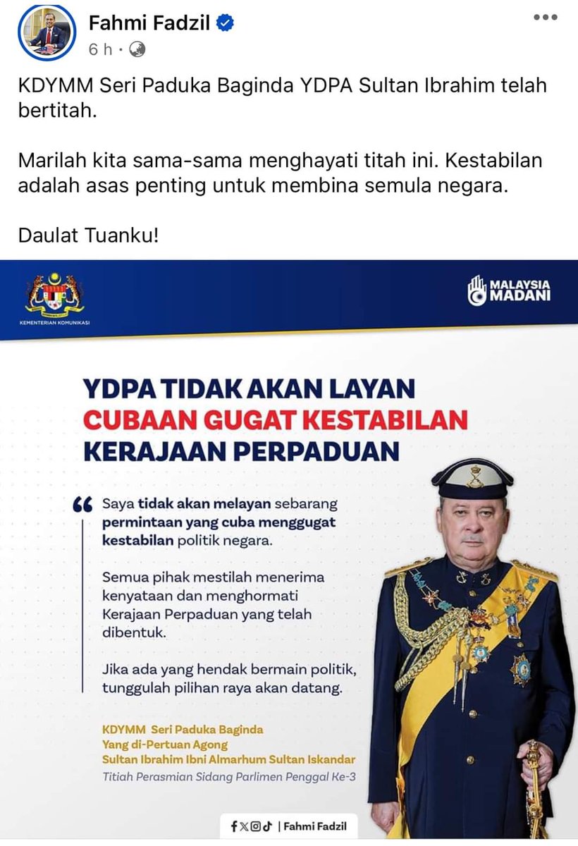 1. Memang sepatutnya semua pihak tidak 'bermain politik' di dalam pentadbiran Kerajaan Persekutuan, seperti titah Yang Di-Pertuan Agong Sultan Ibrahim, pagi tadi, di Parlimen. 

Baca lanjut di :
bit.ly/49EvAdY